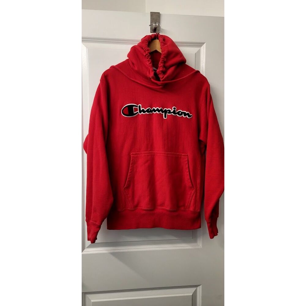 VTG Champion HEavy Thick Reverse Weave Red Hoodie Sz. S Shag Lettering 90s Skate